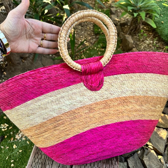 Pink and Tan Woven Tote Bag - Picture 4 of 6